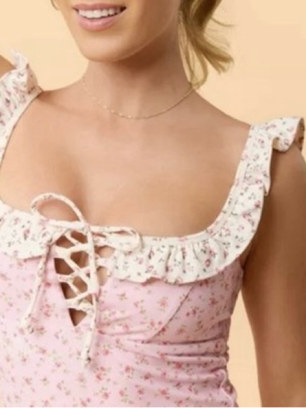 NWT Blogilates Pink Floral Print Ruffle Lace-Up Tank Top size Large - Picture 2 of 2